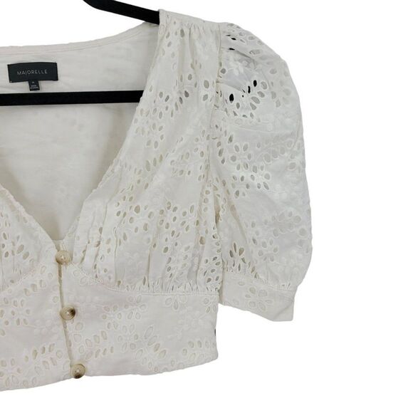 Majorelle Eyelet Krina Crop Top XS White Button Up Puff Sleeve Rockabilly Boho - Picture 6 of 15